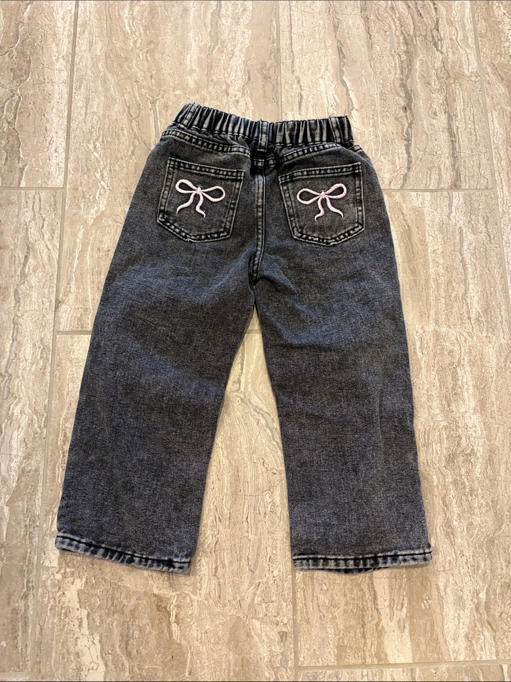 Girls' Dark Wash Denim Pants with Pink Bow Embroidery